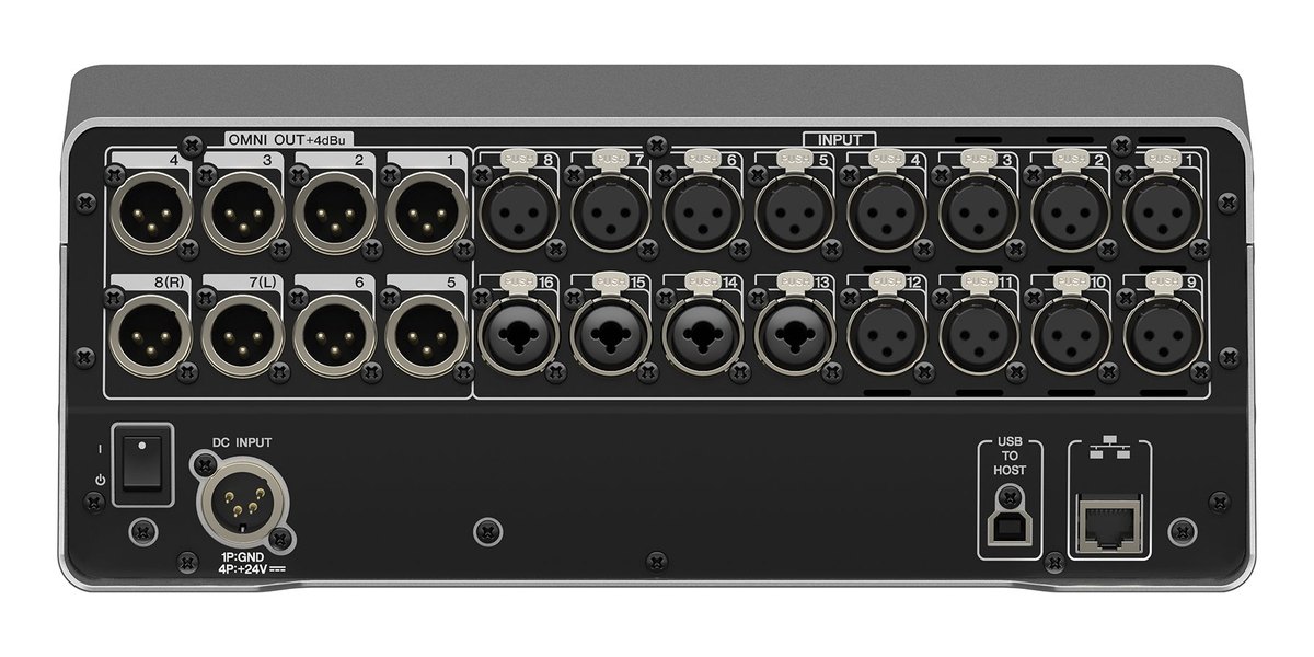 The rear panel of a Yamaha DM3 Standard, the same inputs and outputs with no Dante ports