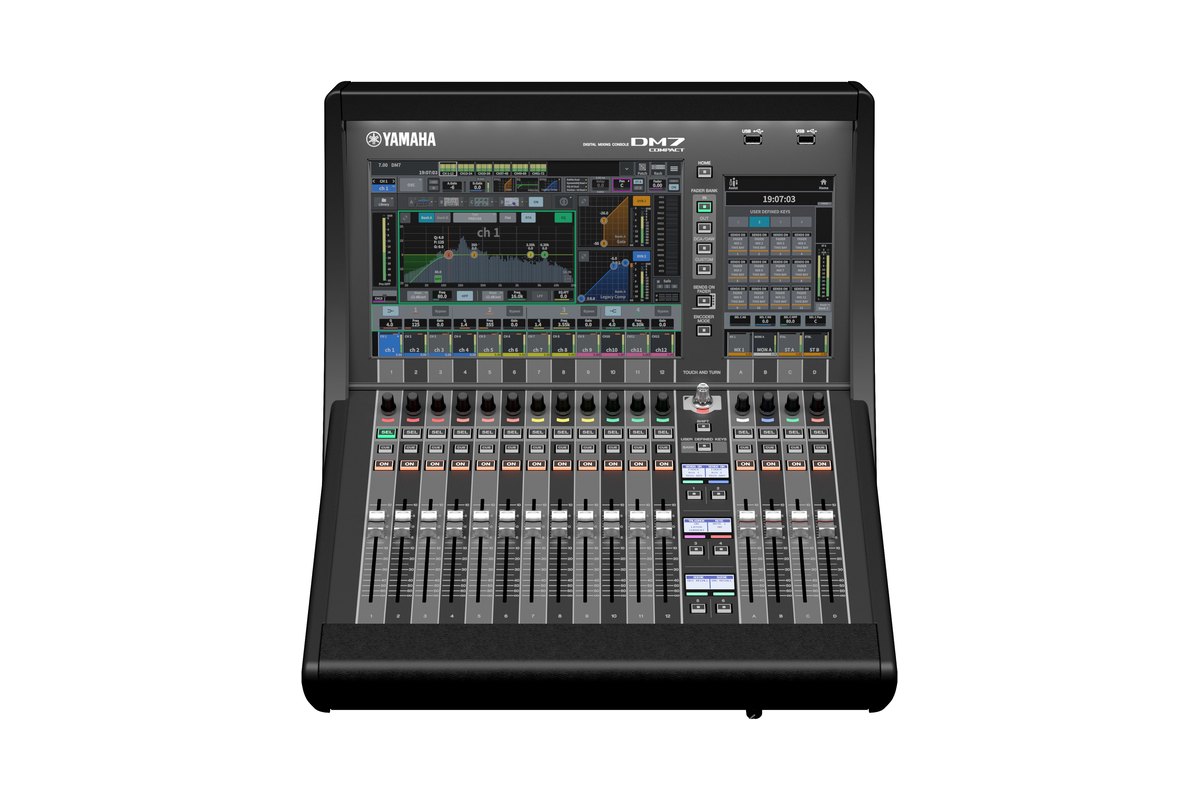 A Yamaha DM7 Compact console, front view
