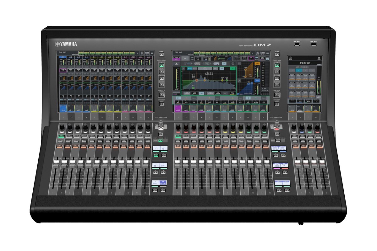 A Yamaha DM7 console with two main screens and two fader bays, front view