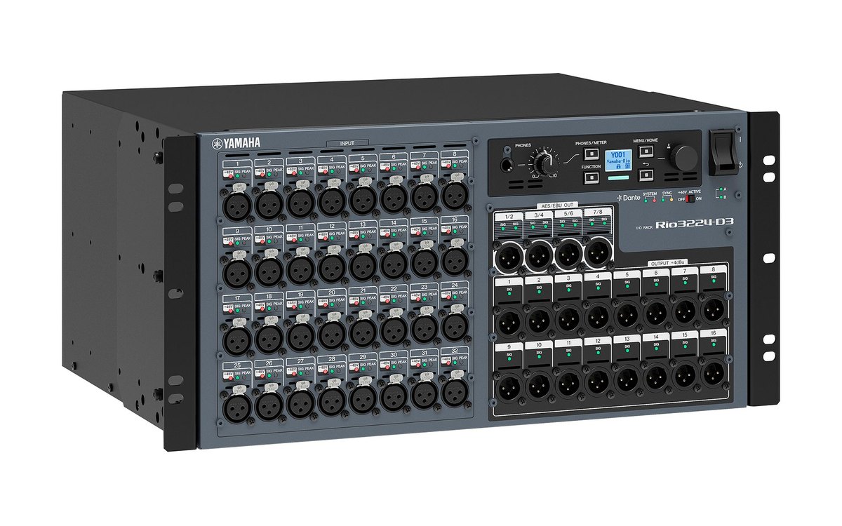 A Yamaha Rio3224-D3 Dante I/O rack with 32 XLR inputs and 16 XLR outputs