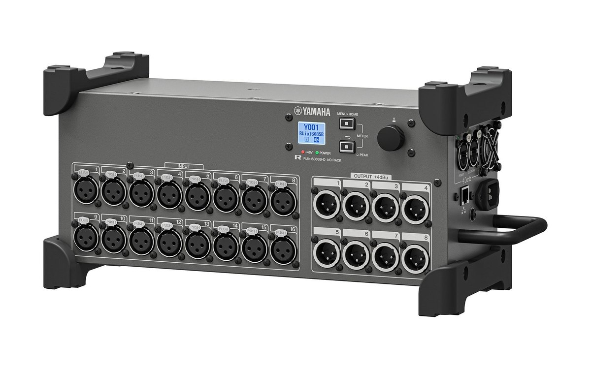 A Yamaha RUio1608SB-D floor stagebox with XLR inputs and outputs and a small display