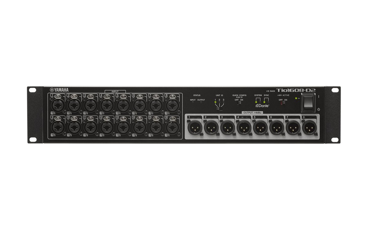 The front of a Yamaha Tio1608-D2 Dante I/O rack with 16 inputs and 8 outputs