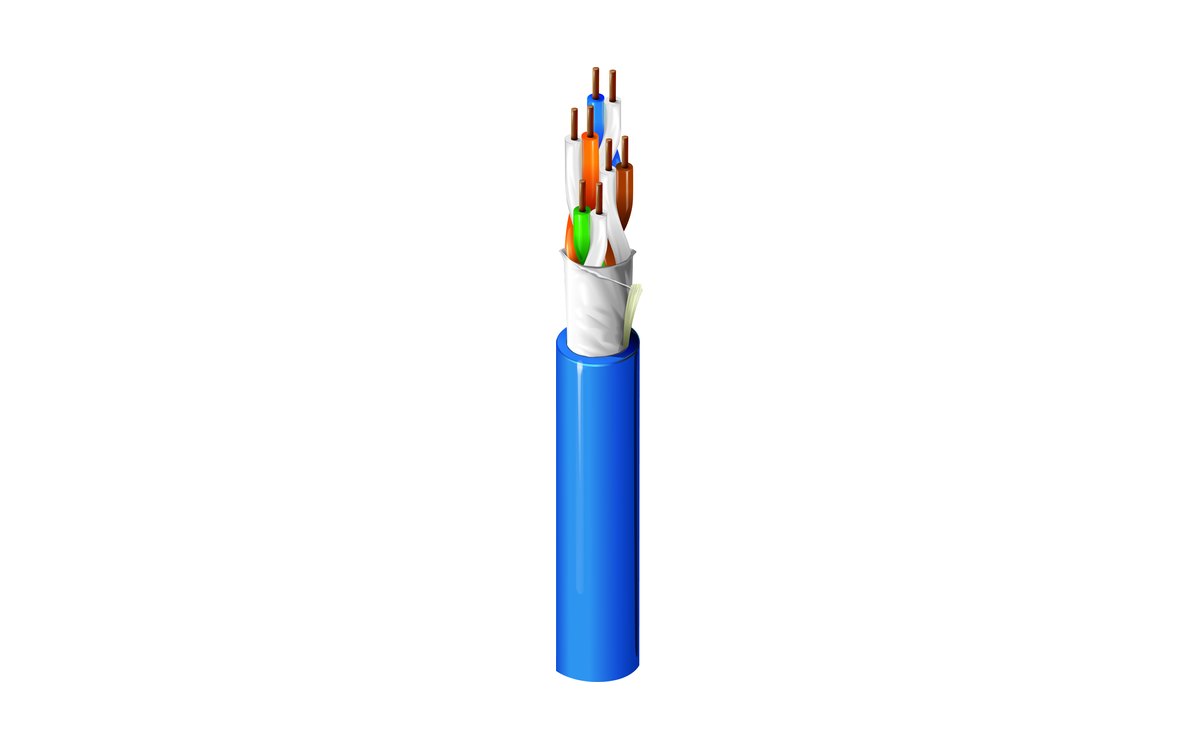 Belden 10GXM13 Category 6A cable in blue, cut back to show the pairs