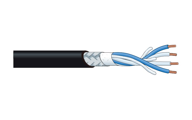 Canare L-4E6S Star-Quad microphone cable cut back to show four conductors