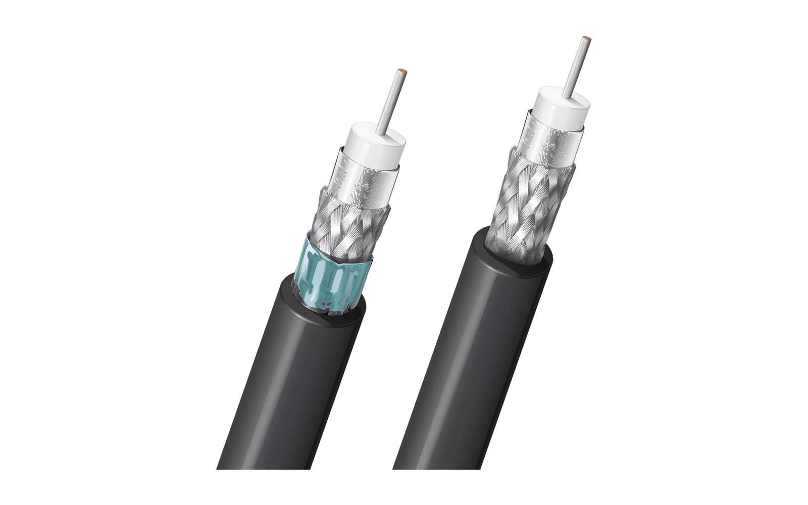 Two Belden 12G-SDI coax cables with the jacket, braid and foil cut back to show how they are built
