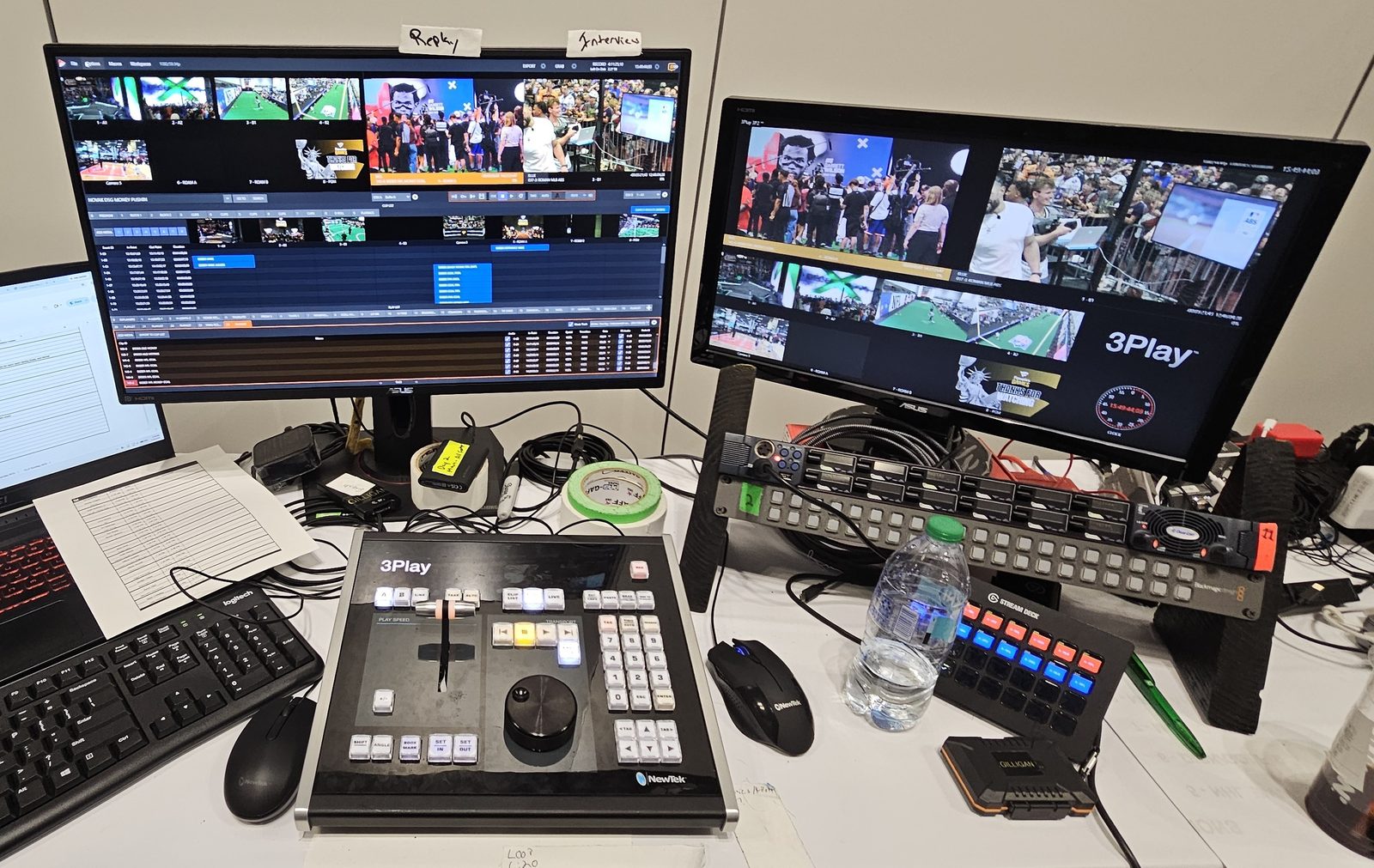 A 3Play control panel on an event desk with the replay interface and a multiviewer of event camera feeds on two monitors