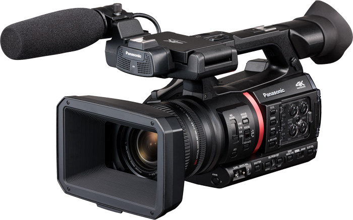 Panasonic AG-CX370 handheld camcorder with a shotgun microphone on its top handle