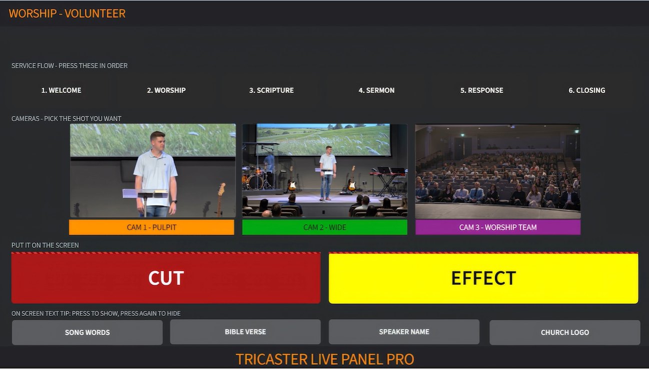 LivePanel Pro interface showing a worship volunteer layout with a service flow, three camera previews, cut and effect buttons and on-screen text buttons