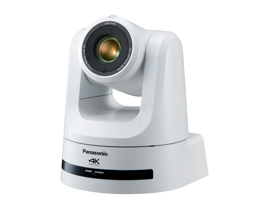 White Panasonic PTZ camera, front three-quarter view, lens level