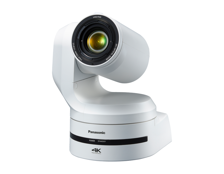 White Panasonic PTZ camera, front view, lens tilted up