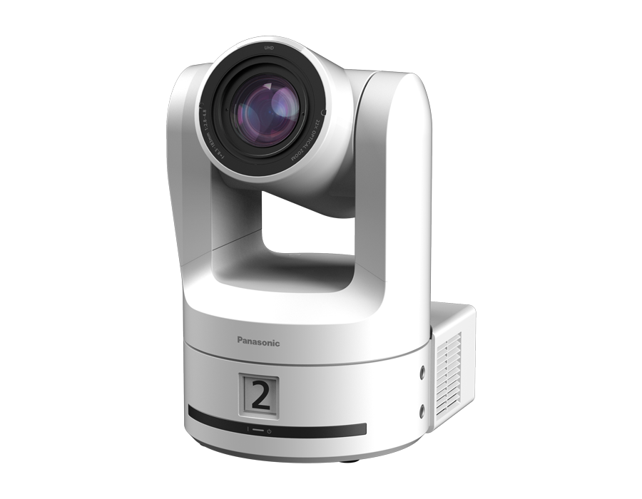 White Panasonic PTZ camera with a tally number display, announced model