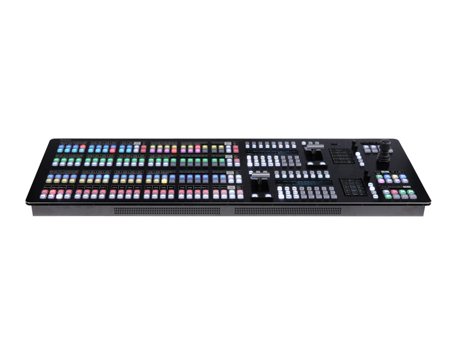 Control panel with two fader bars, a joystick and rows of lit buttons