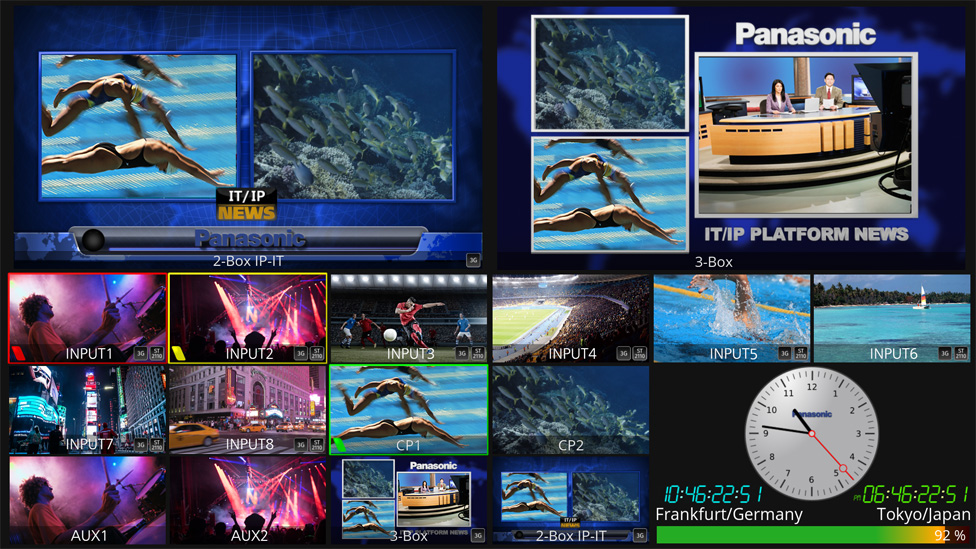 A multiviewer grid of programme, preview and source tiles with a clock and audio meters