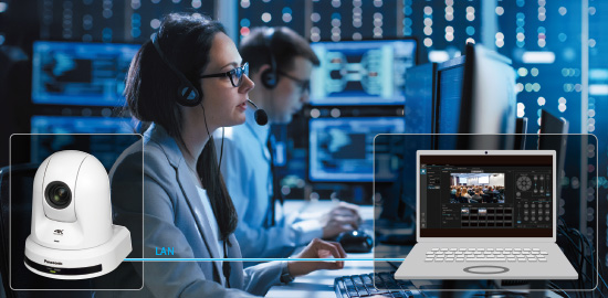 Two operators with headsets at monitors, a white PTZ camera and a laptop running PTZ control software linked by a LAN line