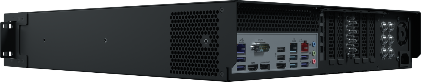 TriCaster Prizm with 8 SDI, rear and side view, Vizrt product rendering
