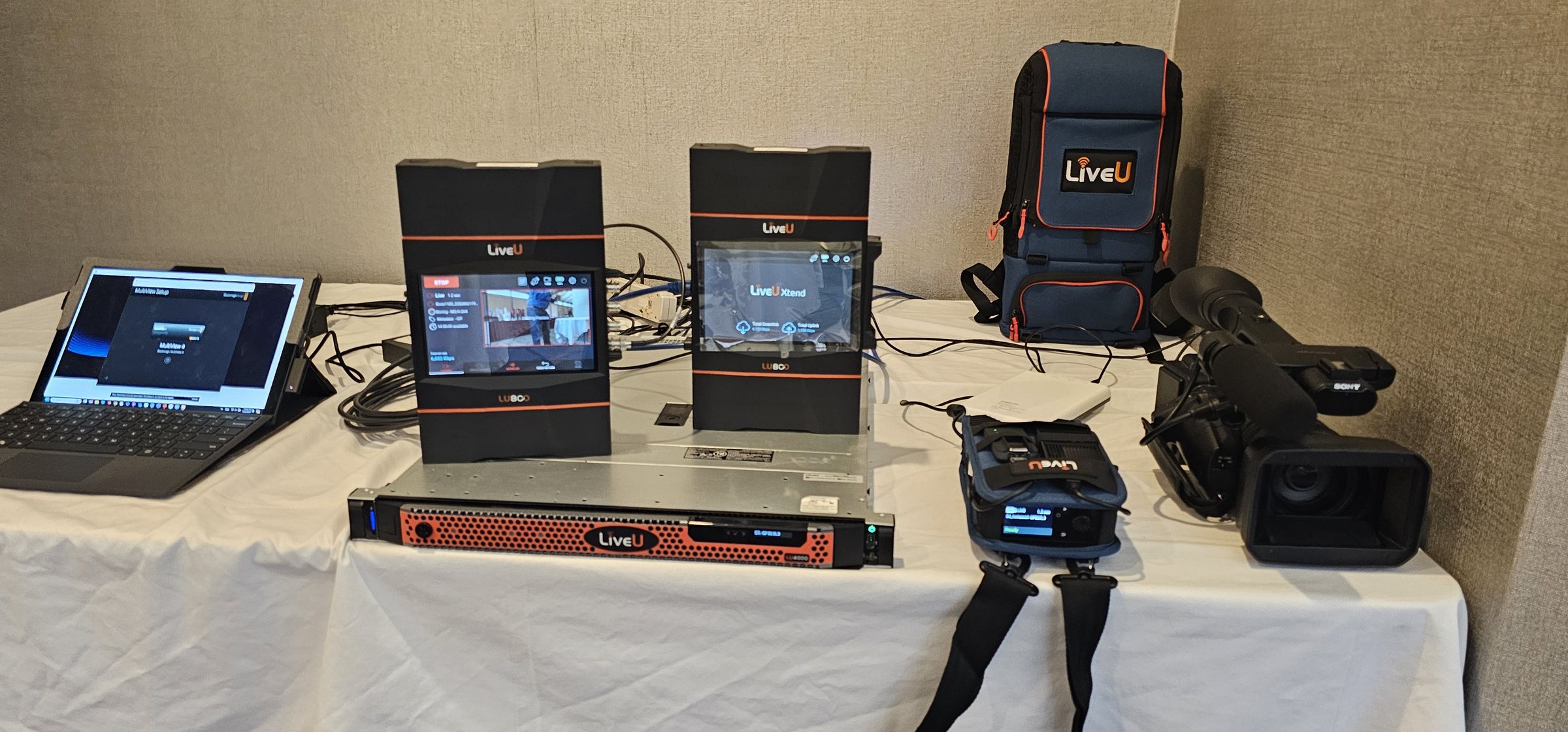 LiveU field units, batteries and a receive server staged in the Varto facility