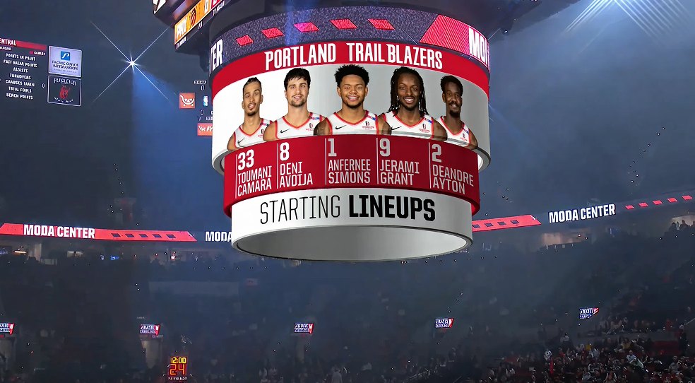 An AR starting-lineup graphic floating above a basketball court inside an arena