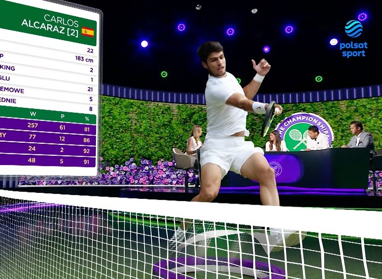 A studio set with presenters at a desk, a life-size AR tennis player and a floating player-statistics panel composited in real time