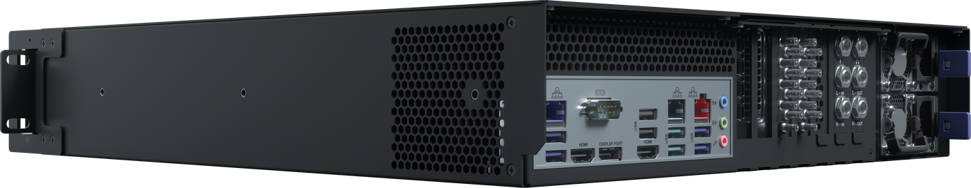 TriCaster Vizion 2RU with 16 SDI, rear and side view, Vizrt product rendering