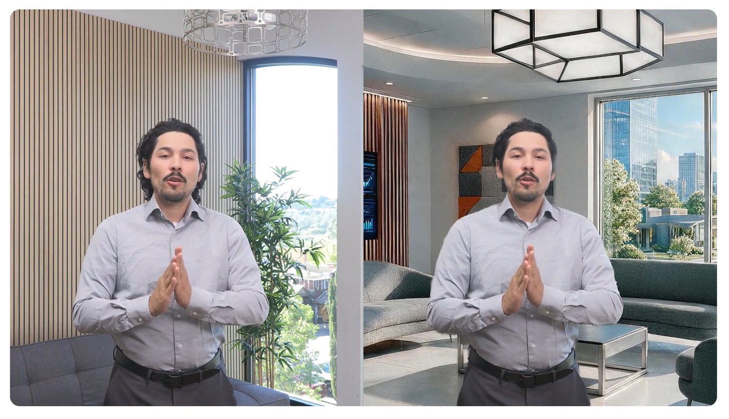 The same presenter shown in a real office and keyed into a virtual set by the Vizion AI keyer