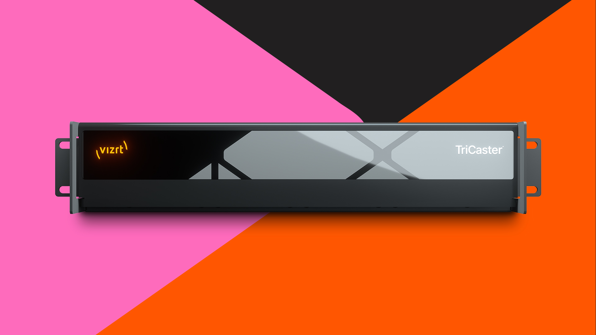TriCaster 2RU system on Vizrt's orange, pink and black launch artwork
