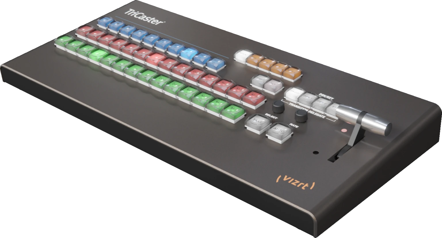 TriCaster Mini Control Panel with program, preview and key button rows, transition controls and a T-bar
