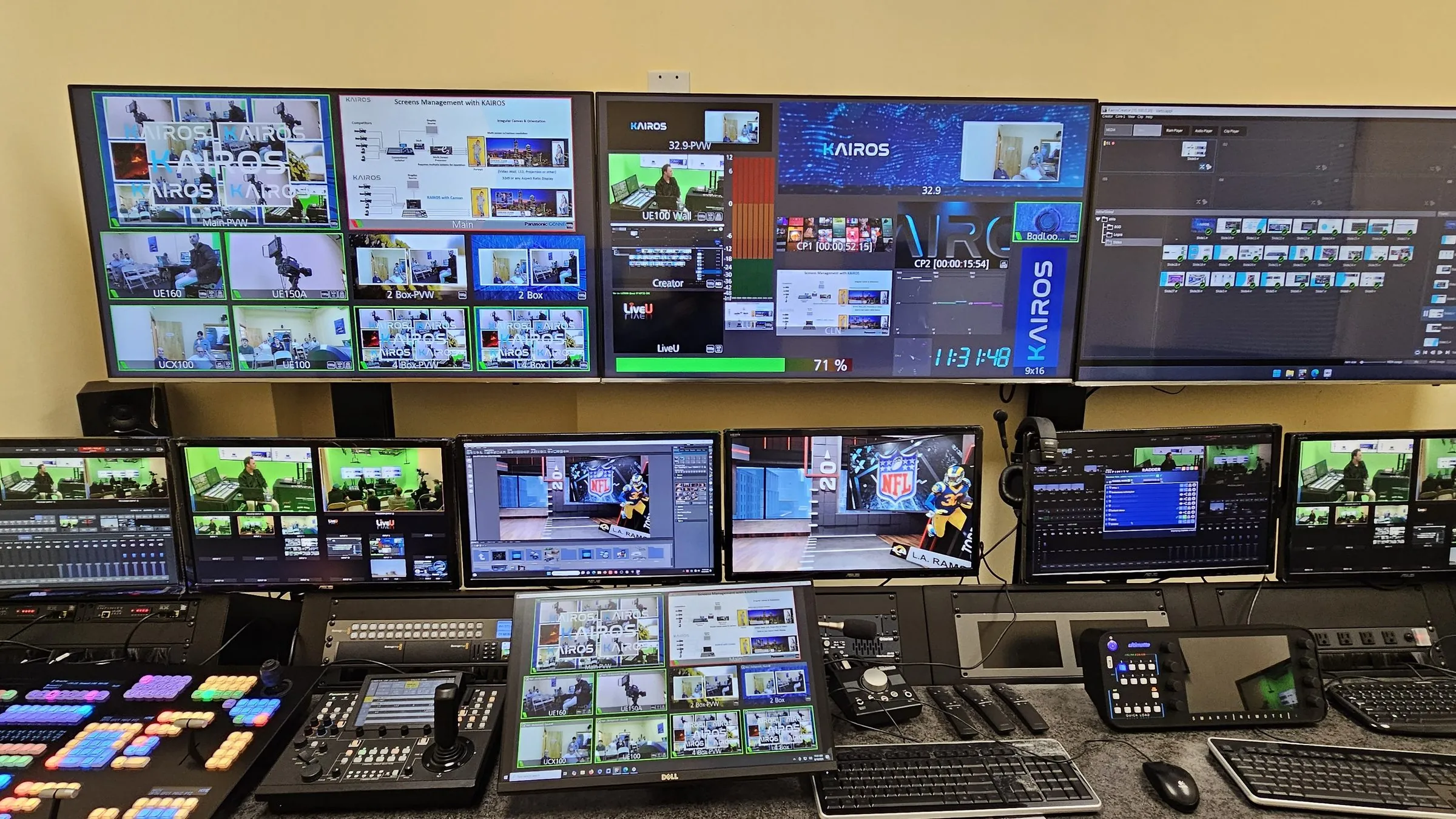 The Varto control room in East Rutherford during a KAIROS seminar: the KAIROS touch control, a Panasonic RP150 camera controller and multiviewers