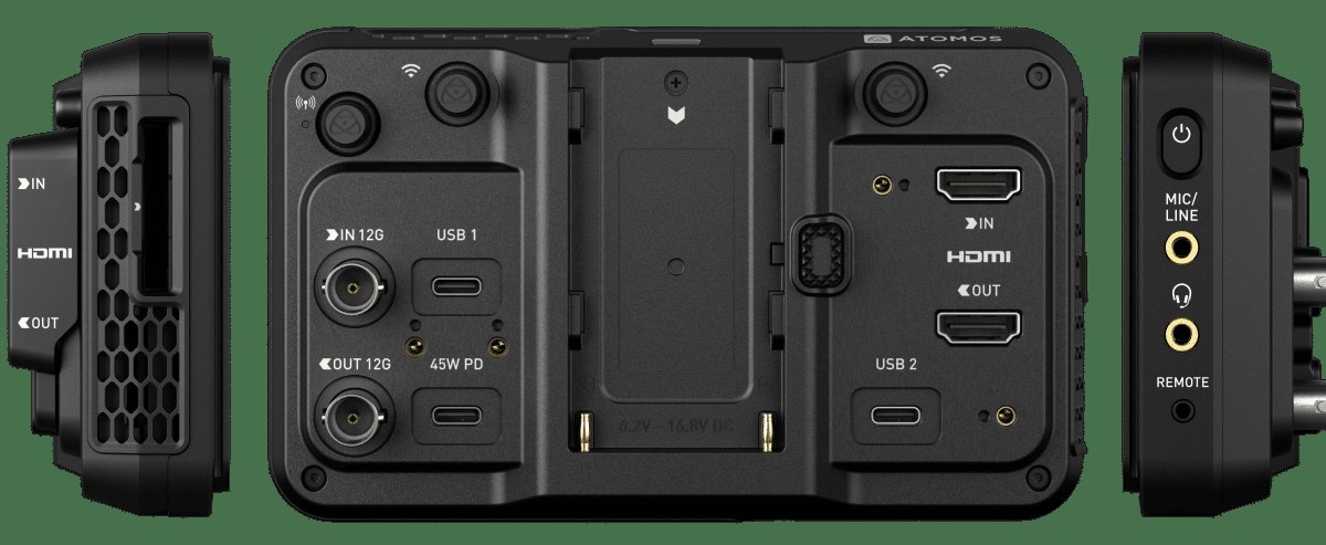 The back and sides of an Atomos Ninja TX: 12G-SDI in and out, HDMI in and out, two USB-C ports, a battery plate, a mic and line input, a headphone jack and a remote port