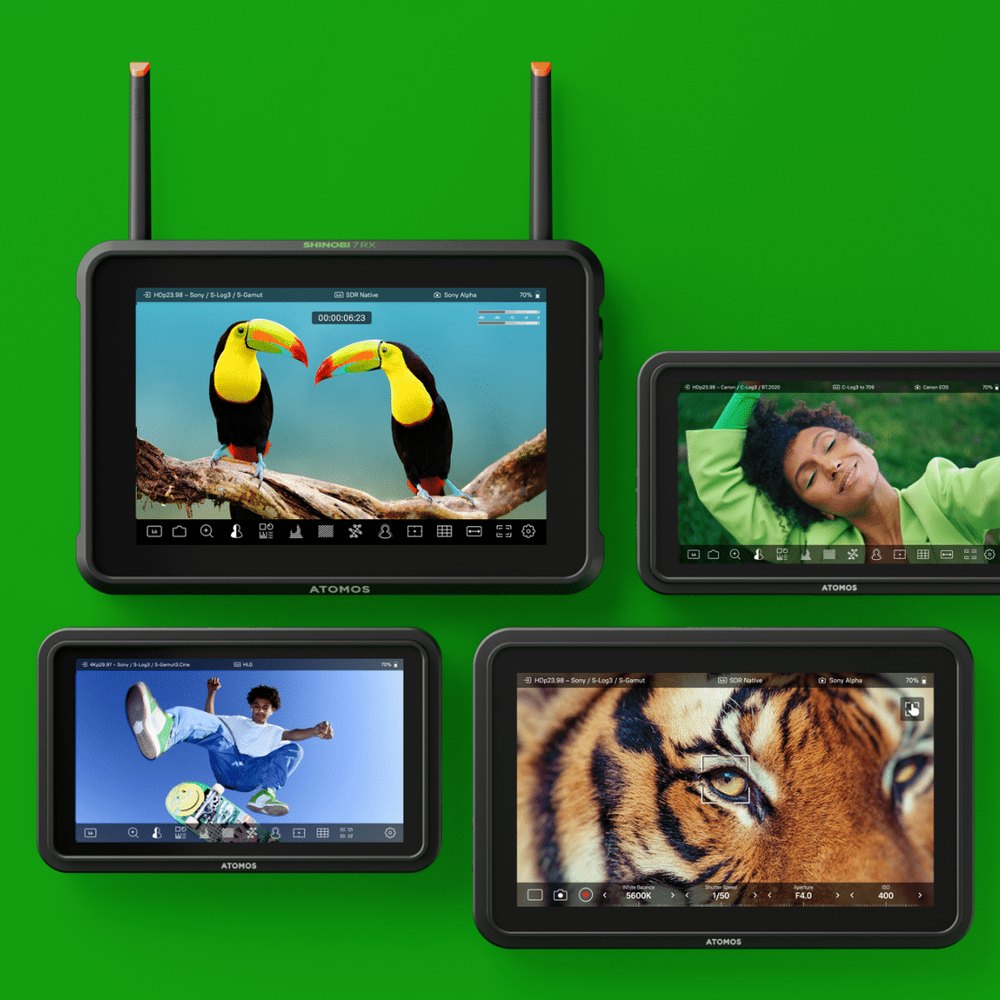 Four Atomos Shinobi camera monitors of different sizes grouped on a green background, one with twin antennas