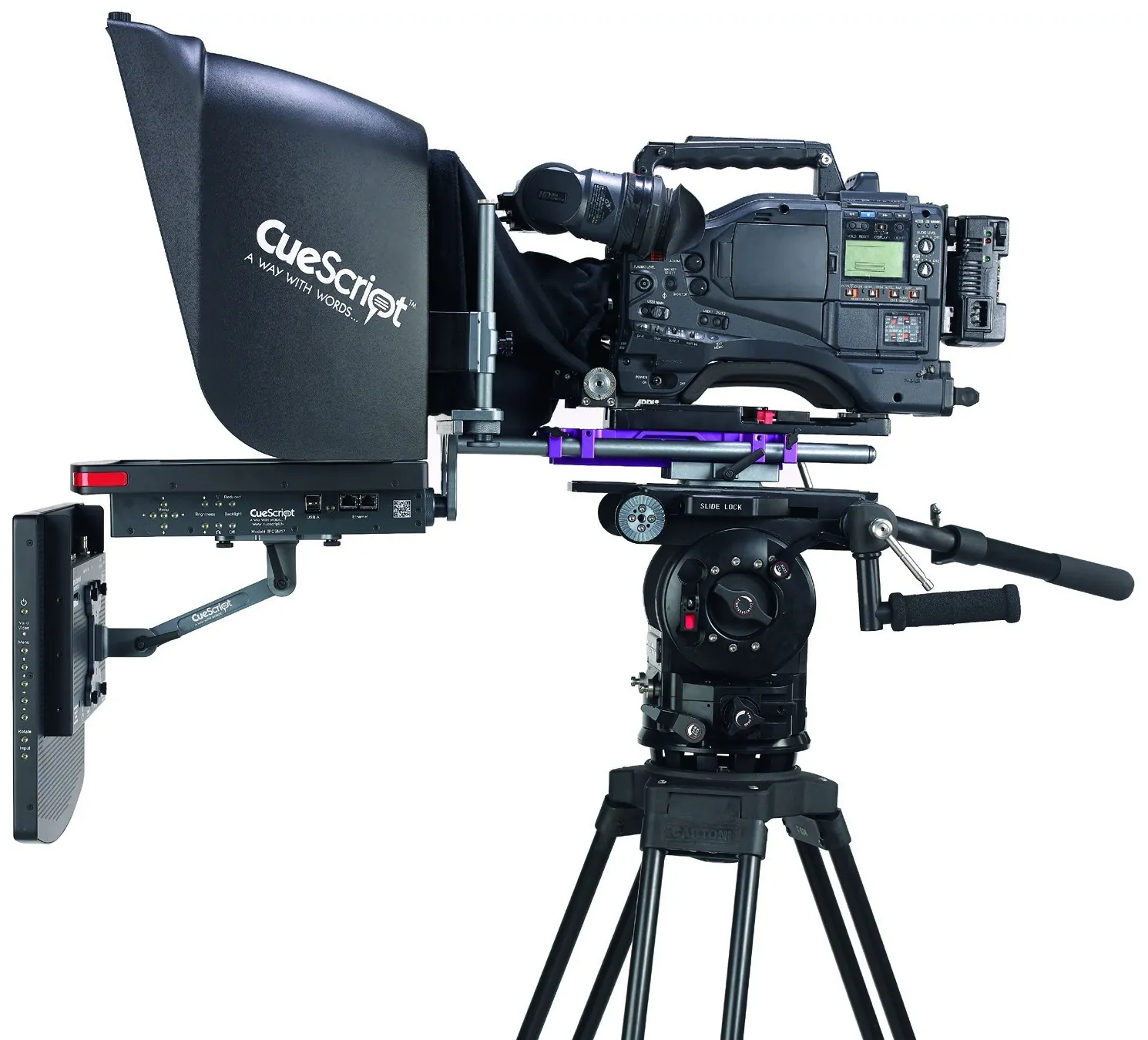 A complete CueScript prompting position on a studio camera: the hood and glass in front of the lens, the prompter monitor lying flat beneath them, the mount plate and riser rails on the camera, and a talent monitor on its arm, all on a fluid head and tripod