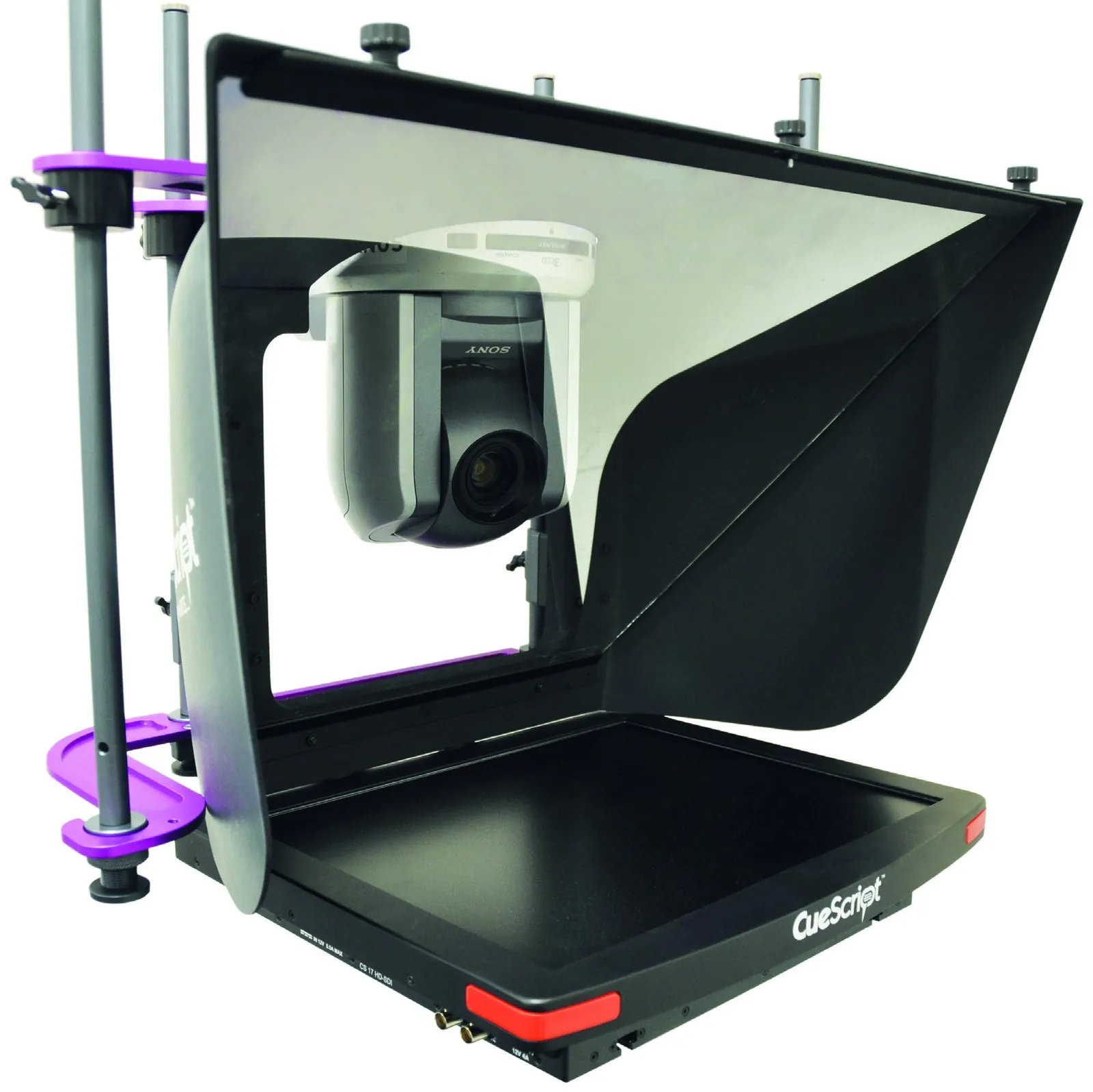 A CueScript PTZ prompter system with a pan tilt zoom camera mounted upside down inside the top of the hood
