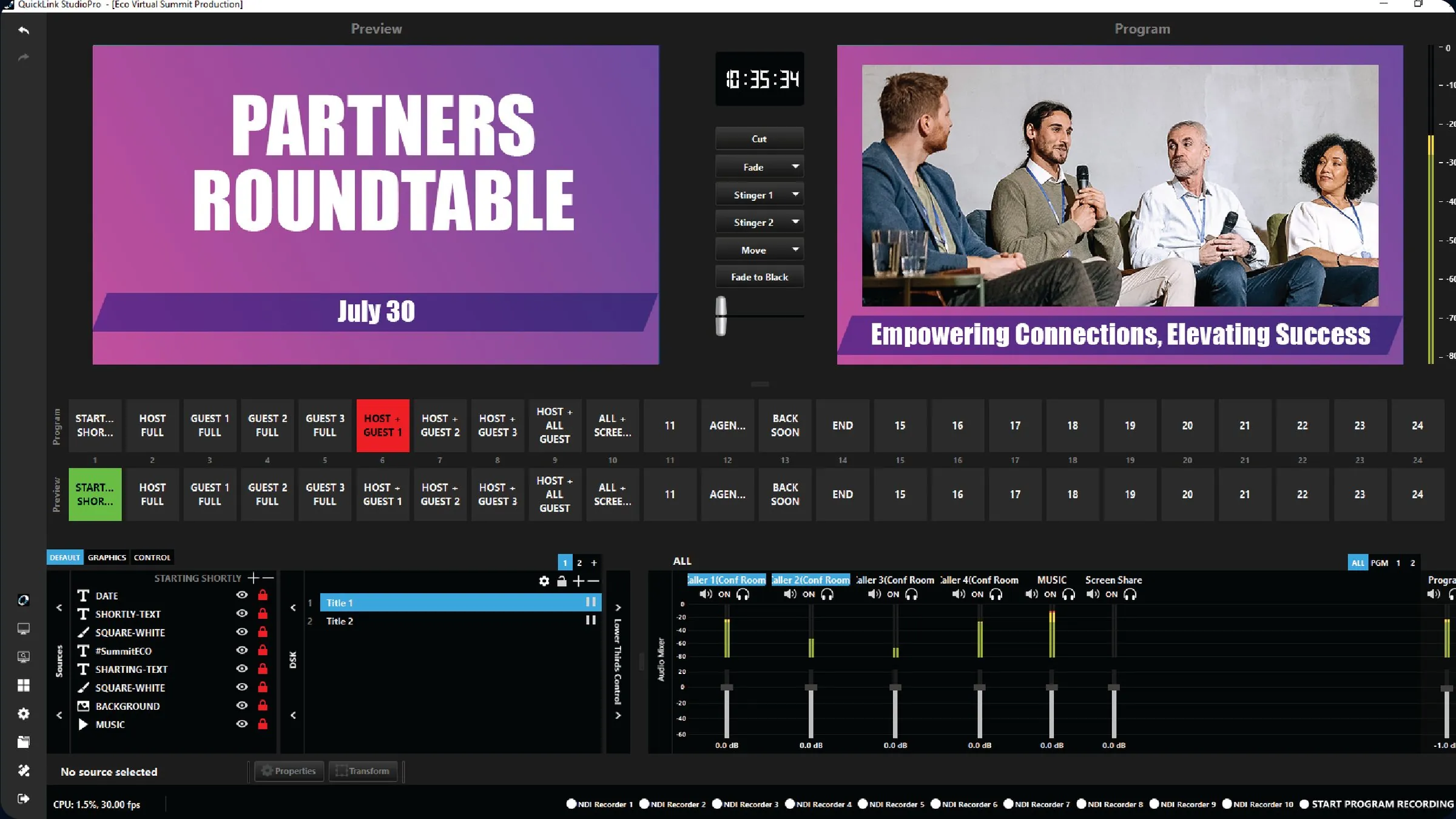 StudioPro interface with preview and program monitors, scene buttons and an audio mixer