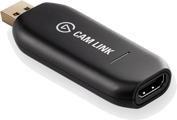 A black Elgato Cam Link 4K dongle with an HDMI input at one end and a USB plug at the other