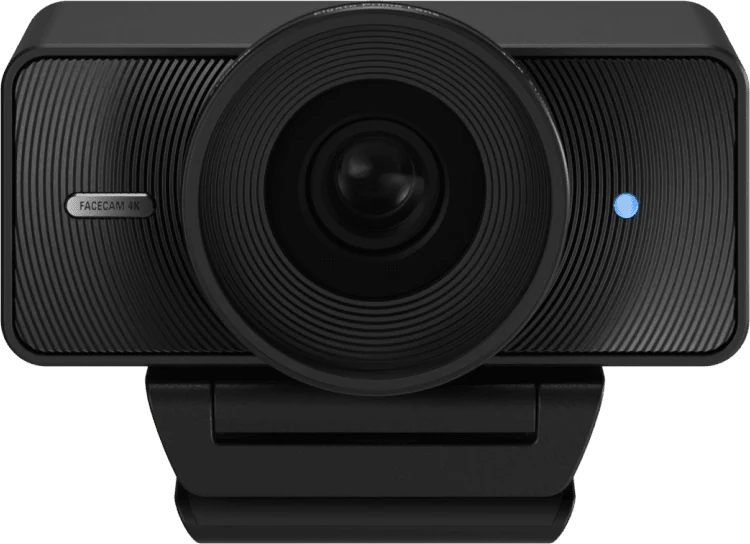 A black Elgato Facecam 4K webcam on its mount, front view