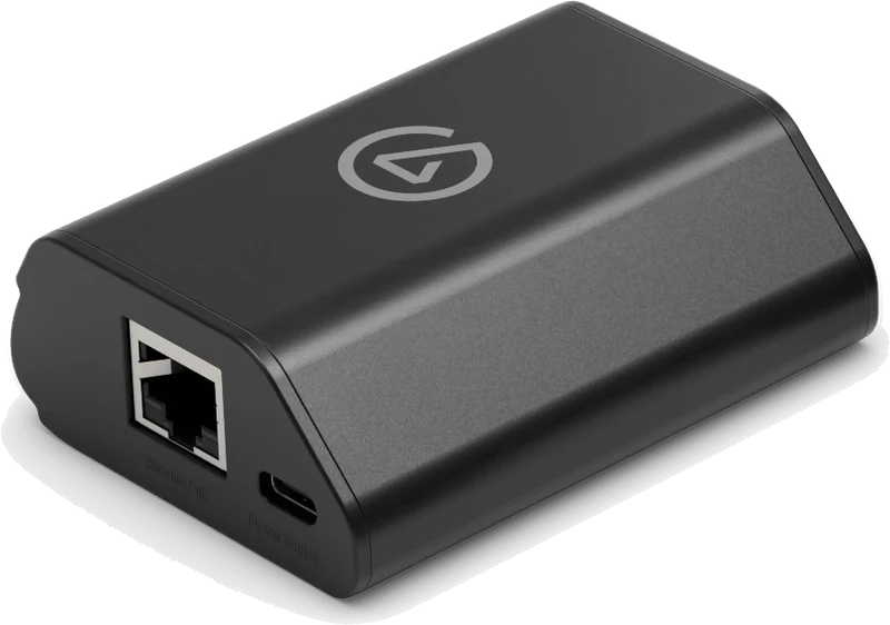 A black Elgato Network Dock with an Ethernet port and a USB-C port
