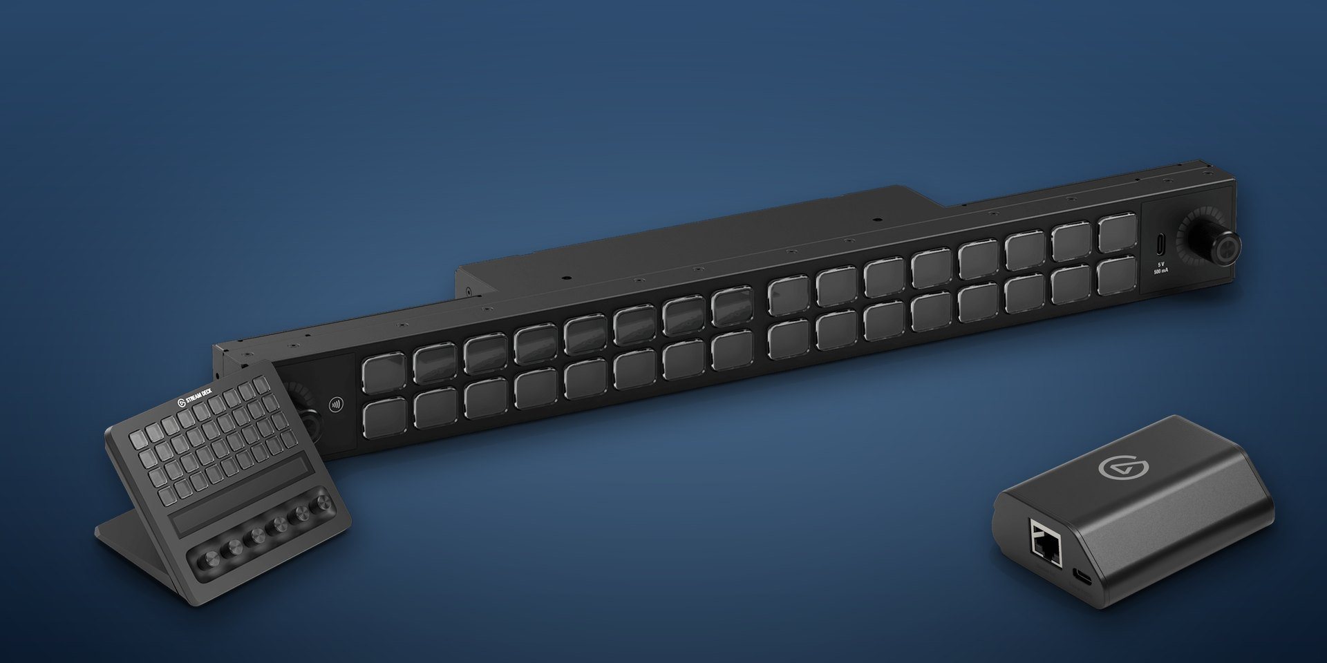 A black Elgato Stream Deck Studio rack panel with two rows of blank keys, a Stream Deck + XL keypad with dials in front of it, and a Network Dock, on a blue background