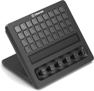 A black Elgato Stream Deck + XL with a grid of blank keys, a touch strip and a row of dials, on its stand