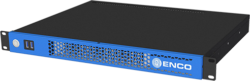 A black 1RU rack unit with a blue front panel, the ENCO logo, a power button and two USB ports