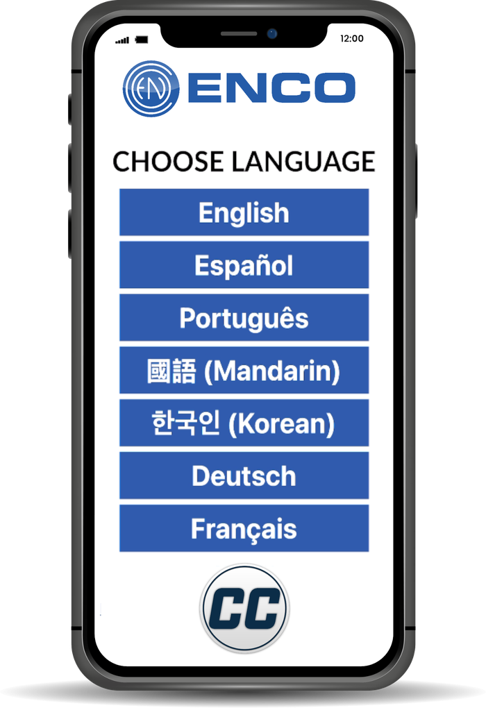 A phone screen with the ENCO logo and a Choose Language menu listing English, Spanish, Portuguese, Mandarin, Korean, German and French