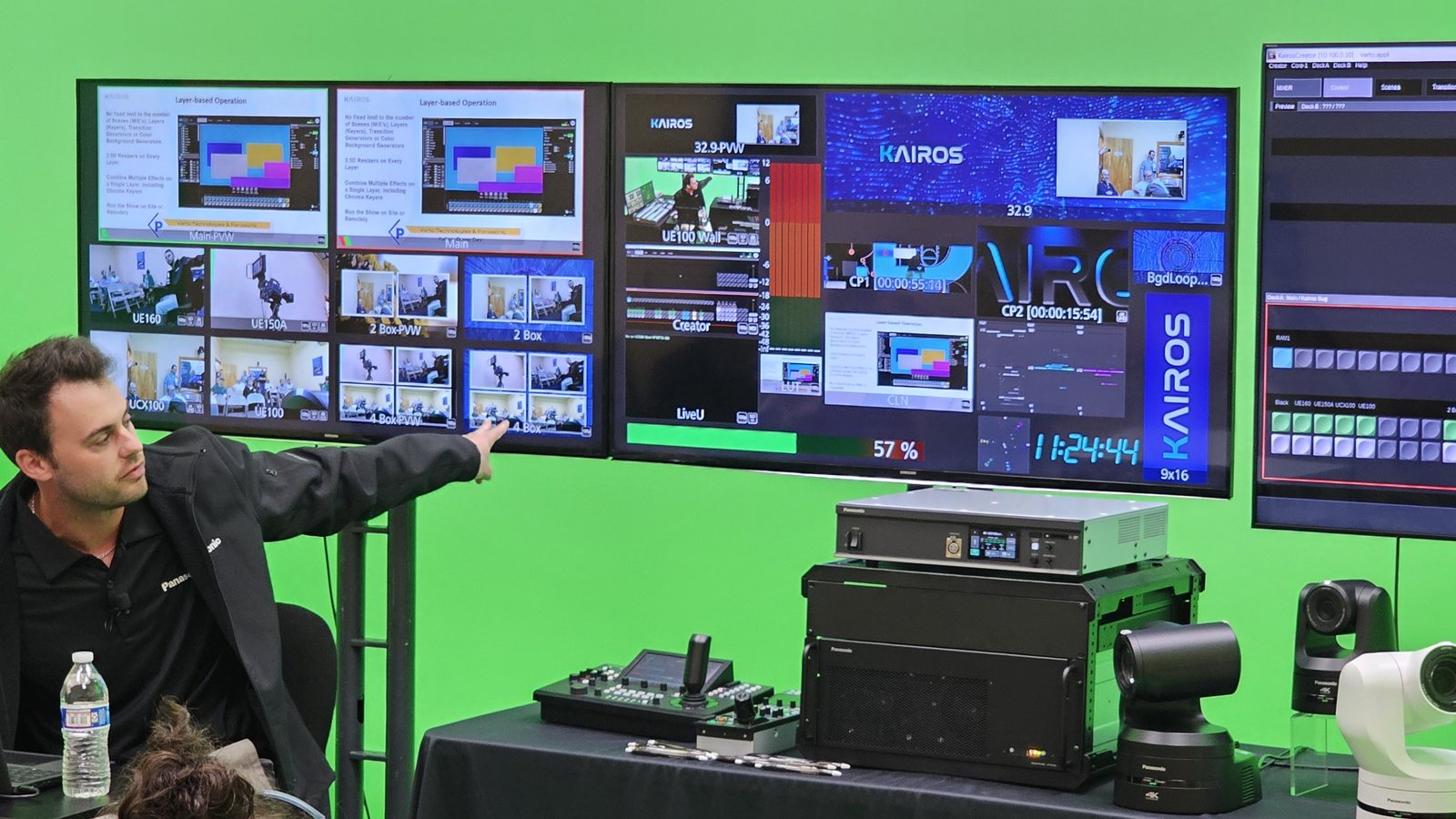 A presenter points at a KAIROS multiviewer showing camera tiles and a slide on layer-based operation, with a rack mainframe, a camera controller and PTZ cameras on the table below
