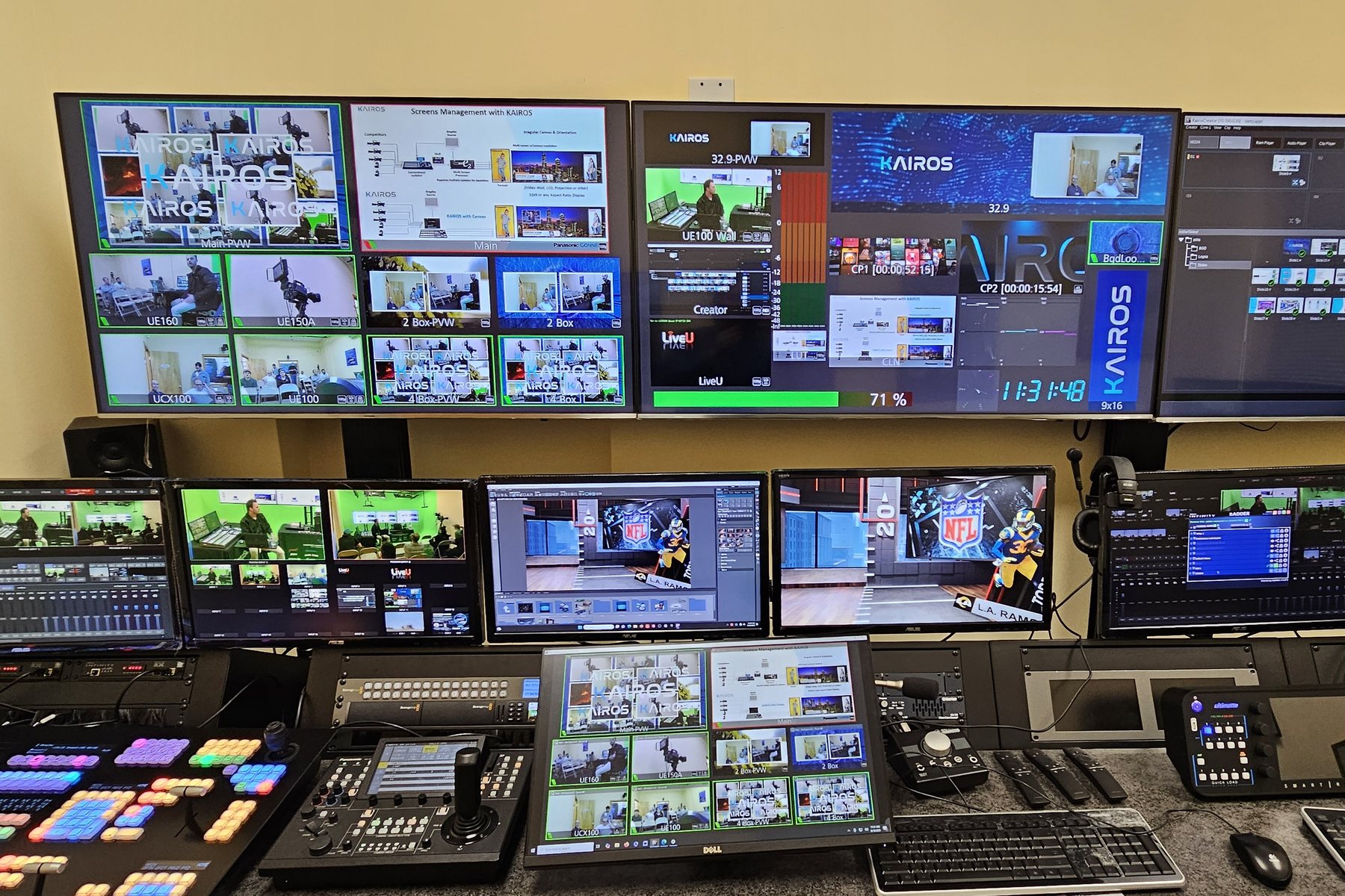 Control room desk with a KAIROS multiviewer across the top monitors, a camera controller with a joystick and smaller operator screens below