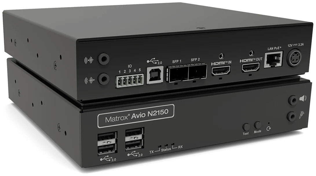 A black Matrox Avio N2150 shown from the back, with audio, USB, two SFP cages, HDMI in and out, network and power, and from the front, with four USB ports