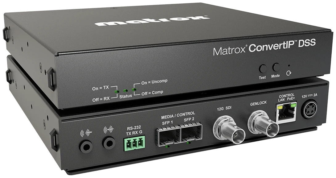 A black Matrox ConvertIP DSS shown from the front, with status lights and buttons, and from the back, with audio, RS-232, two SFP cages, 12G-SDI, genlock, network and power