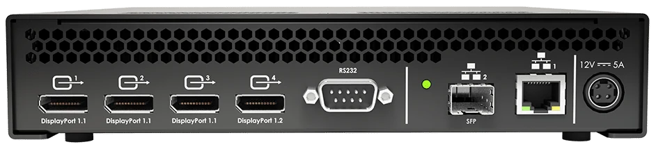 The rear panel of a Matrox Extio 3 unit: four DisplayPort connectors, RS-232, an SFP cage, a network port and power