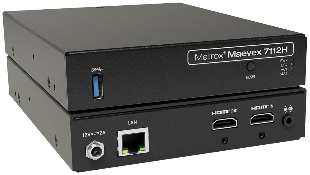 A small black Matrox Maevex 7112H encoder shown from the front, with a USB port, and from the back, with HDMI in, HDMI out, network and power