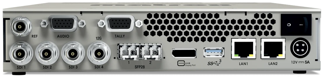 The rear panel of a Matrox Monarch EDGE E4: reference input, four SDI connectors, audio and tally ports, network ports and power