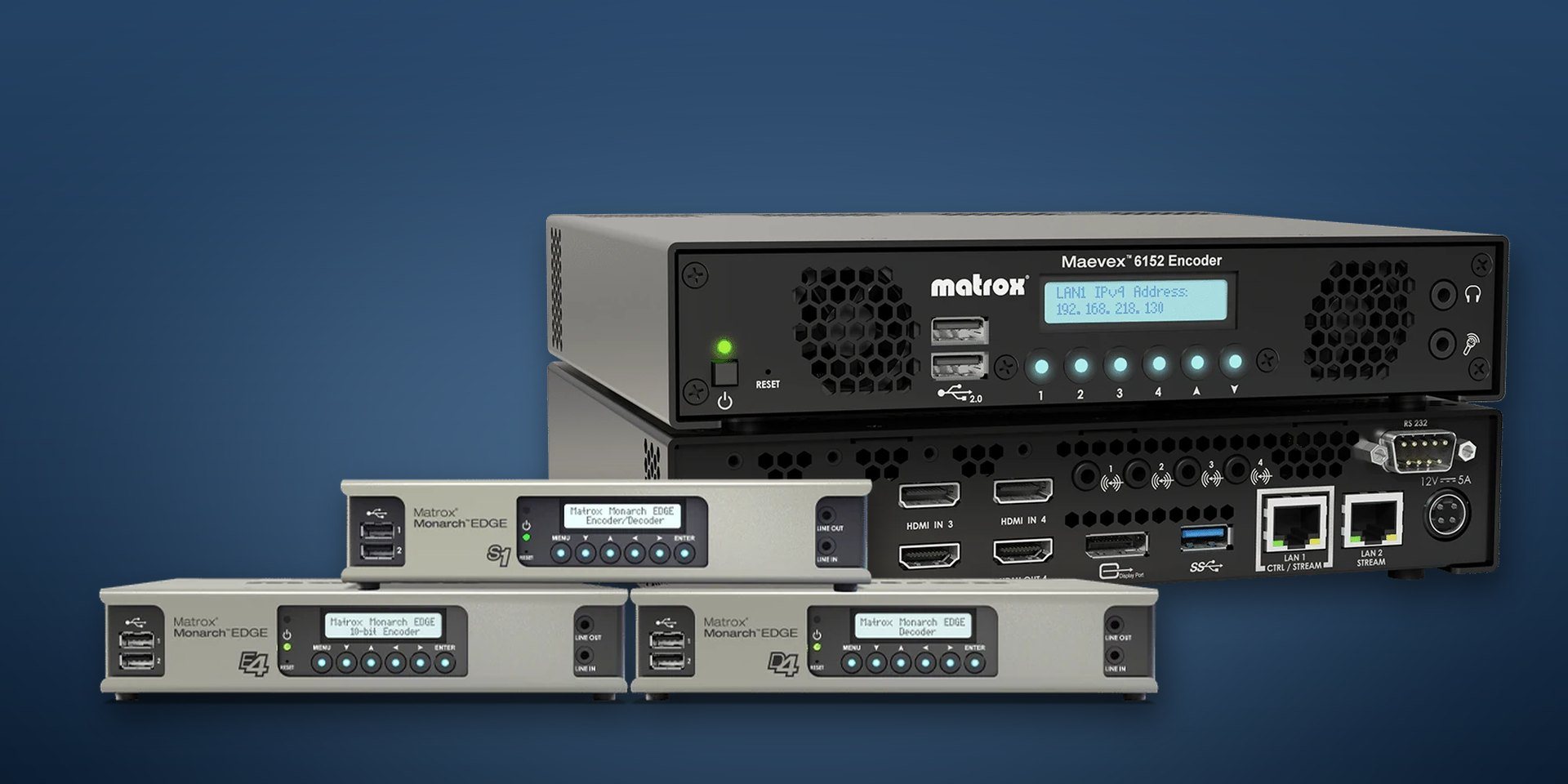 Three silver Matrox Monarch EDGE units, the S1, E4 and D4, in front of a black Maevex 6152 Encoder shown from the front and the back, on a blue background