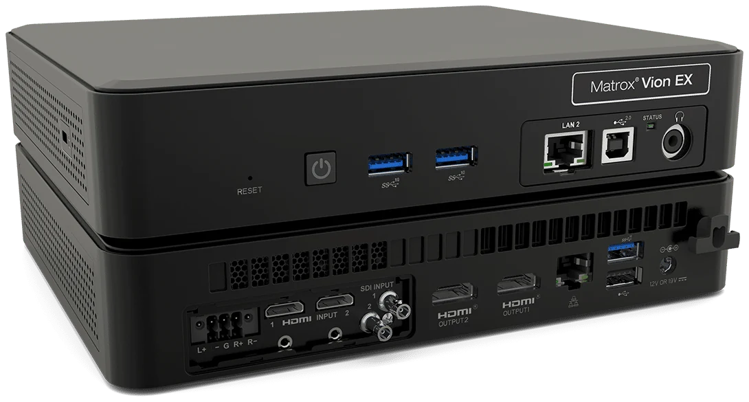 A black Matrox Vion EX gateway shown from the front, with USB, network and headphone ports, and from the back, with audio, HDMI and SDI inputs and HDMI outputs
