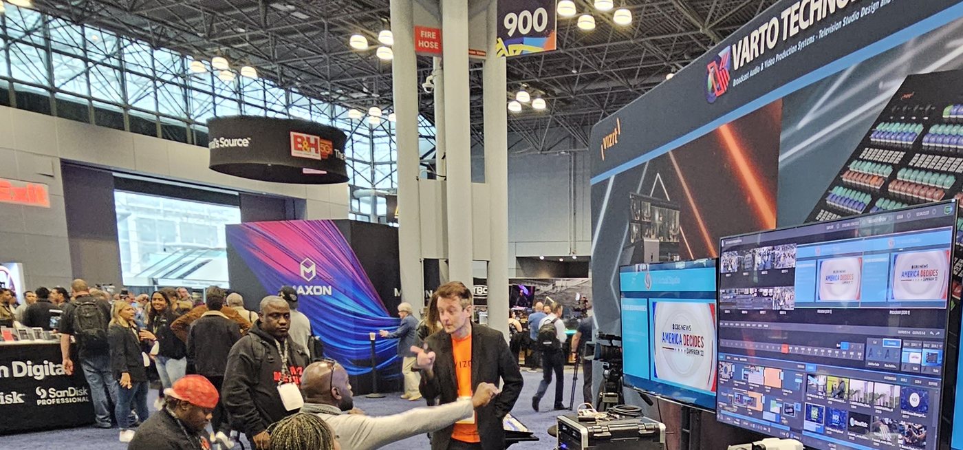 Richard Evans of Vizrt presenting at the Varto Technologies booth, NAB Show New York 2023