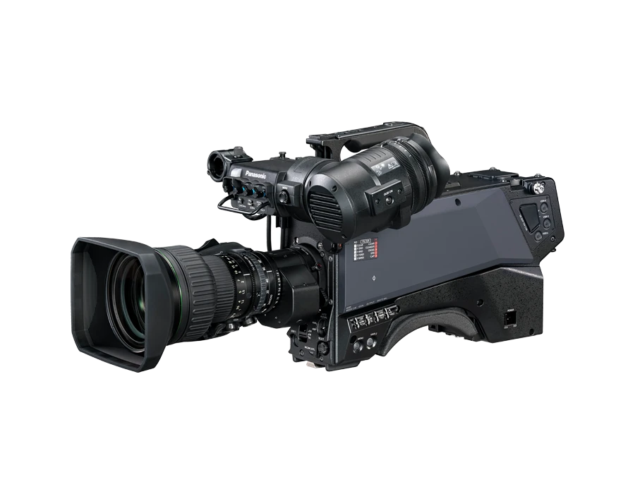 Panasonic AK-UCX100 studio camera with a box lens and viewfinder, side view